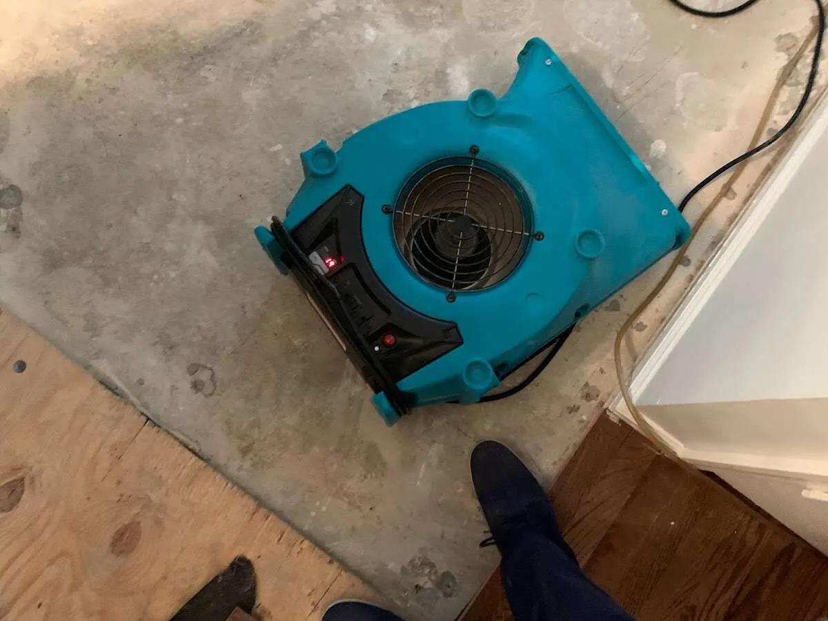 Air mover drying subfloor during Commercial Water Damage Restoration in Philadelphia